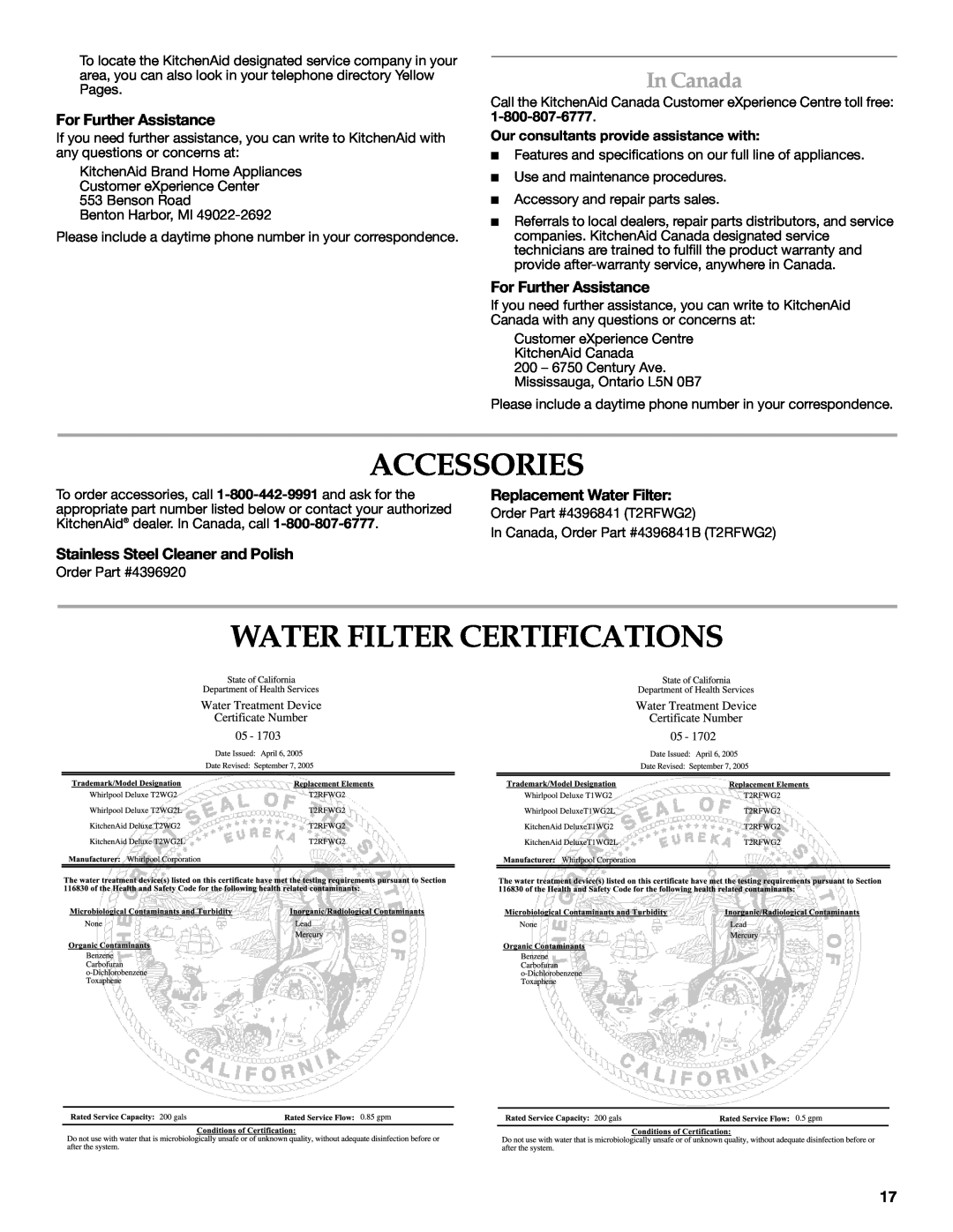 KitchenAid W10303989A, KSSC48QVS manual Accessories, Water Filter Certifications, In Canada, For Further Assistance 