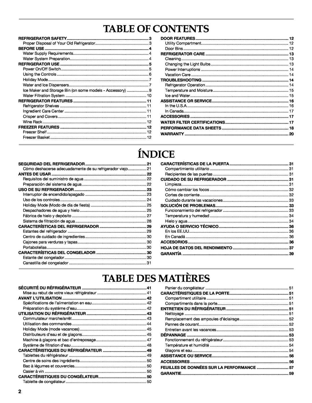 KitchenAid KSSC48QVS, W10303989A manual Table Of Contents, Índice, Table Des Matières, Caractéristiques Du Réfrigérateur 