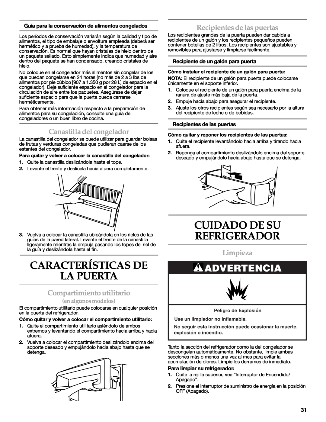 KitchenAid W10303989A manual Características De La Puerta, Cuidado De Su Refrigerador, Canastilla del congelador, Limpieza 