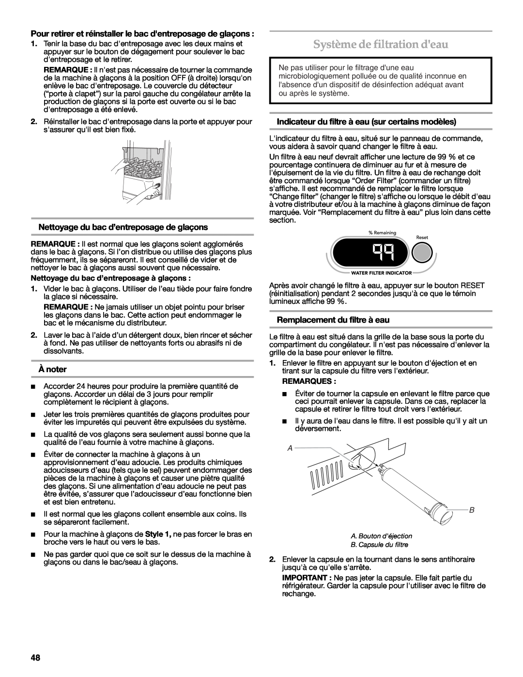 KitchenAid KSSC48QVS, W10303989A manual Système de filtration deau, Nettoyage du bac d’entreposage de glaçons, À noter 