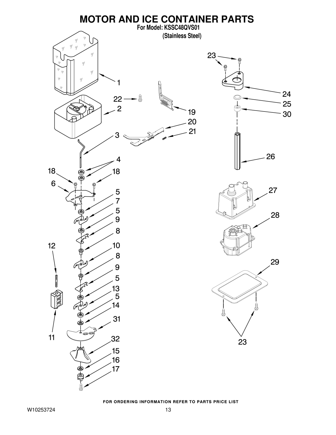 KitchenAid KSSC48QVS01 manual Motor and ICE Container Parts 