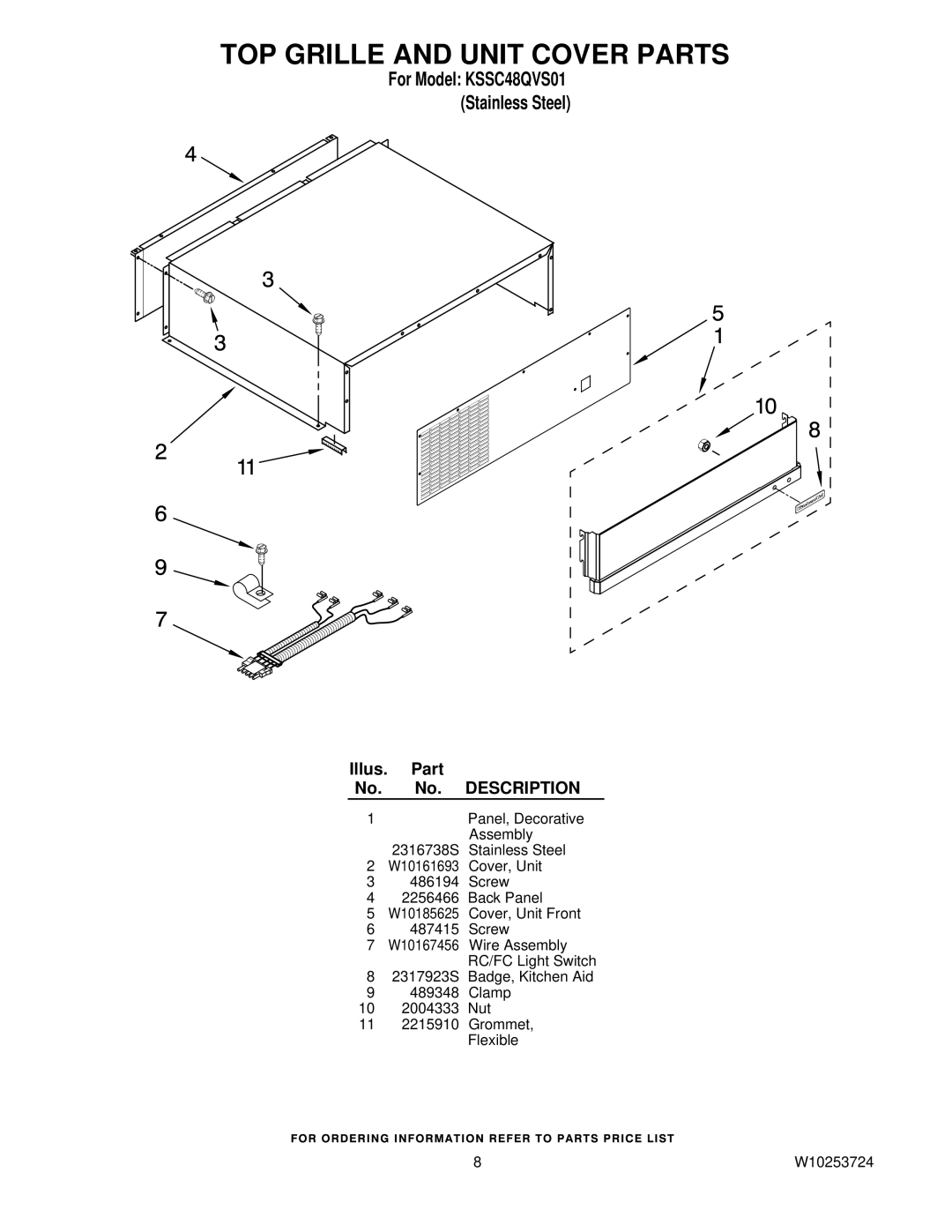 KitchenAid KSSC48QVS01 manual TOP Grille and Unit Cover Parts 