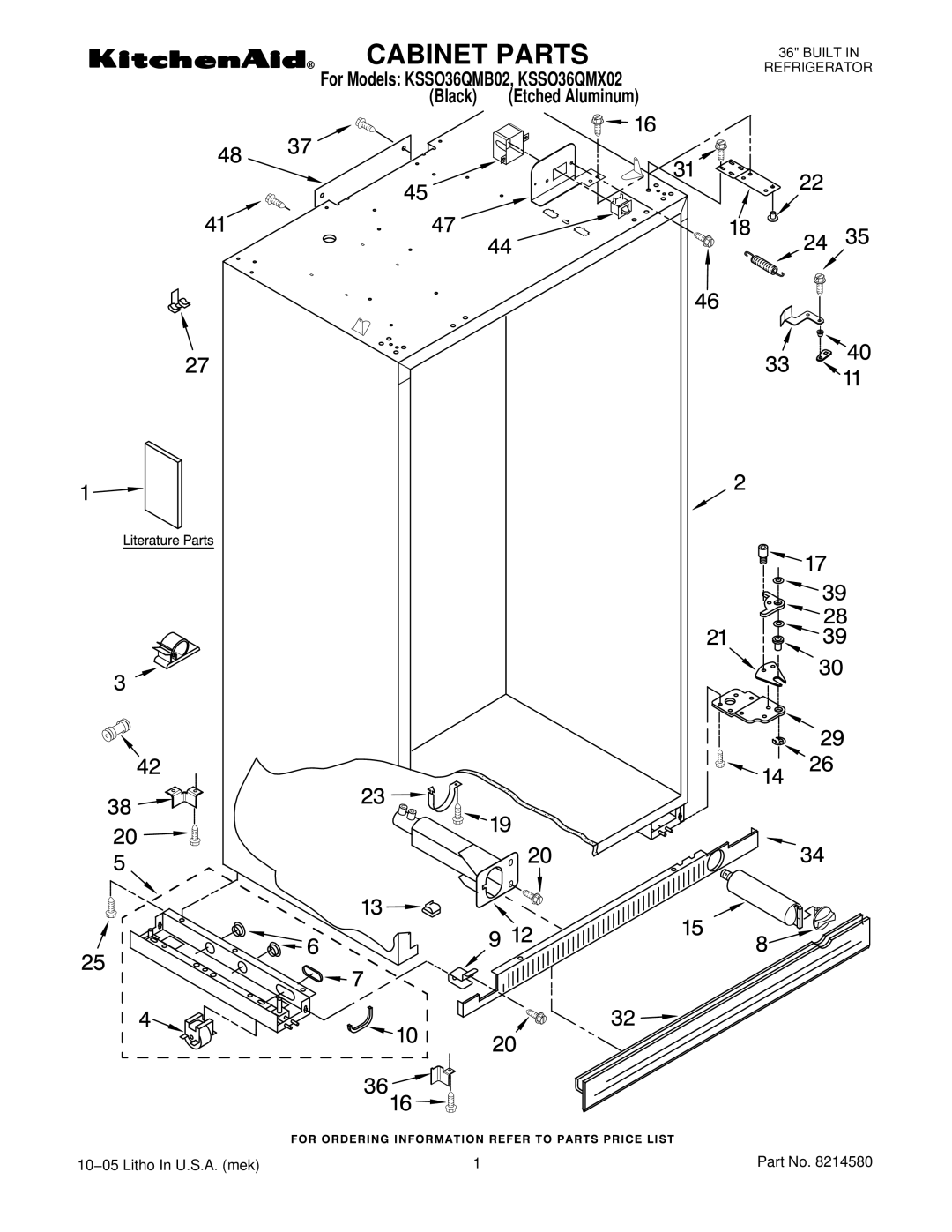 KitchenAid KSSO36QMB02, KSSO36QMX02 manual Cabinet Parts 