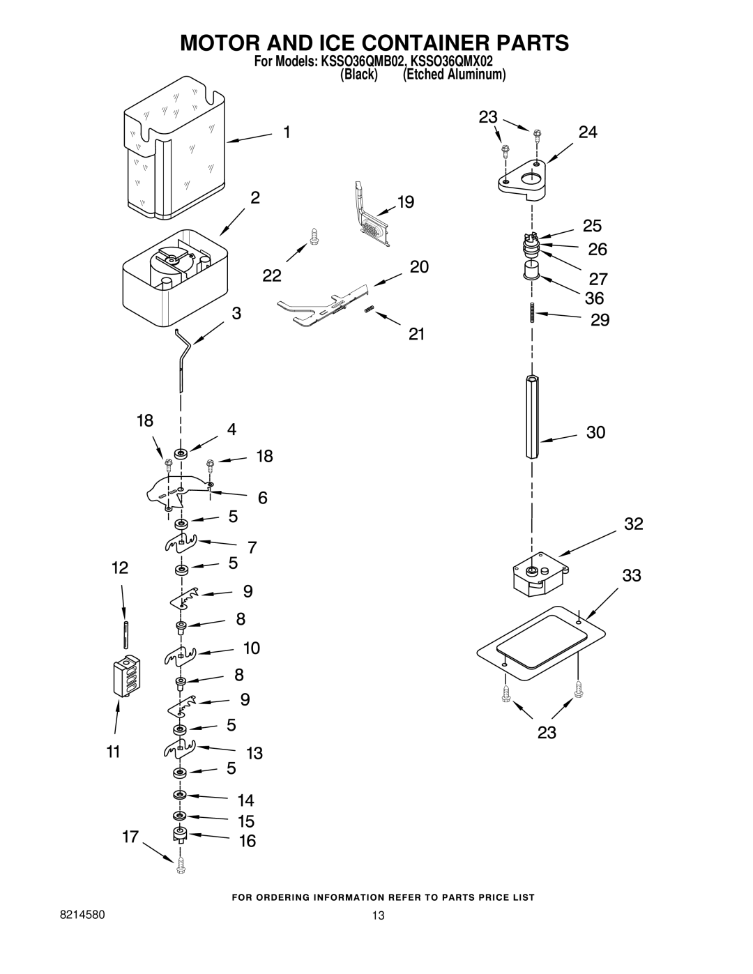 KitchenAid KSSO36QMB02, KSSO36QMX02 manual Motor and ICE Container Parts 