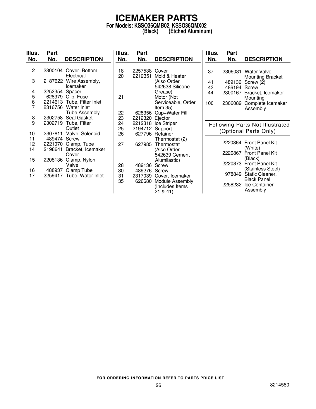 KitchenAid KSSO36QMX02, KSSO36QMB02 manual Icemaker Parts, Following Parts Not Illustrated Optional Parts Only 