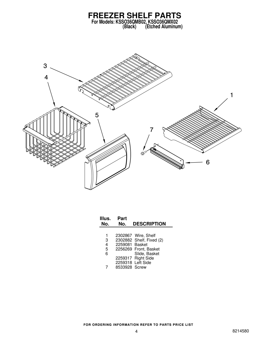 KitchenAid KSSO36QMX02, KSSO36QMB02 manual Freezer Shelf Parts 