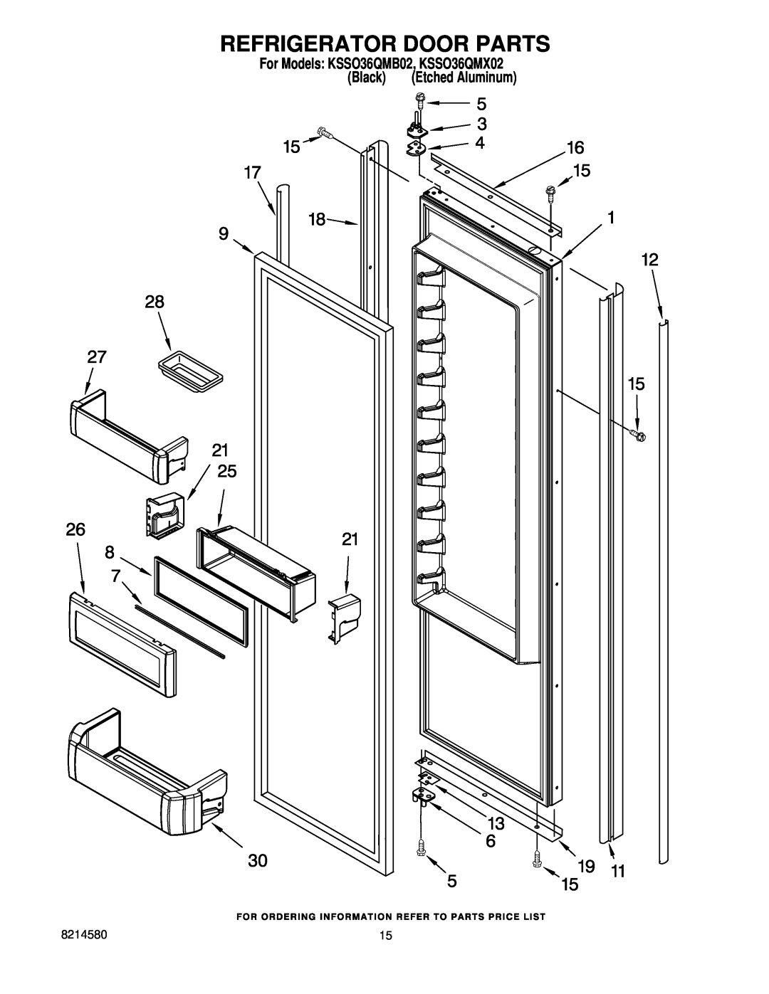 KitchenAid manual Refrigerator Door Parts, For Models KSSO36QMB02, KSSO36QMX02, Black, Etched Aluminum 