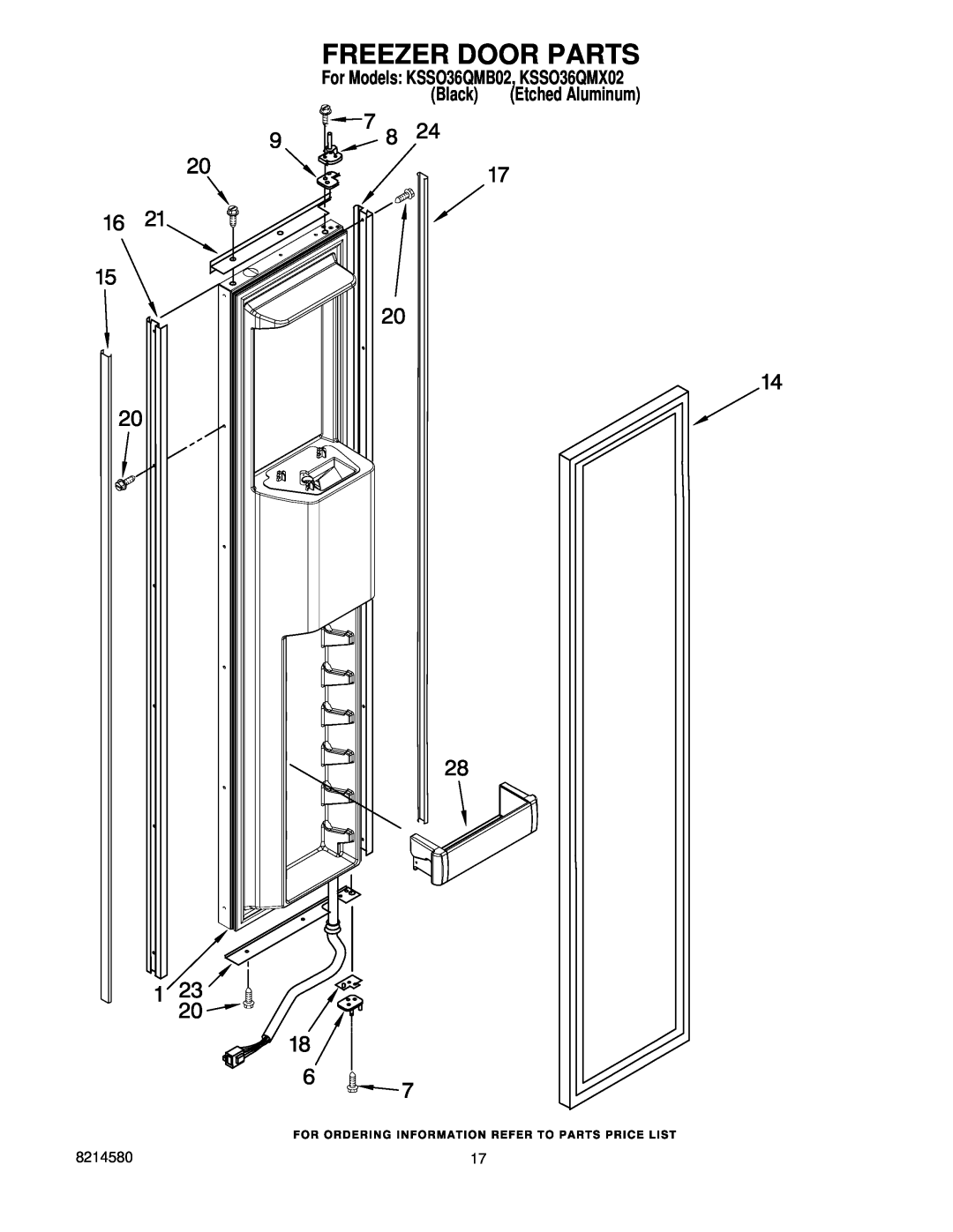 KitchenAid manual Freezer Door Parts, For Models KSSO36QMB02, KSSO36QMX02, Black, Etched Aluminum 