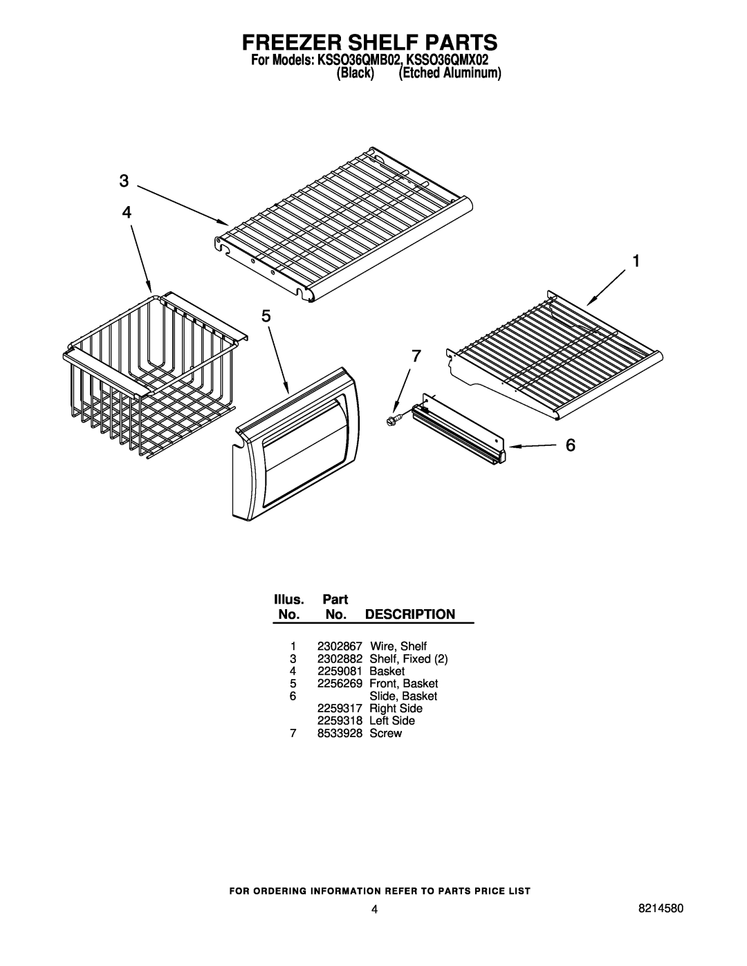 KitchenAid manual Freezer Shelf Parts, For Models KSSO36QMB02, KSSO36QMX02, Black, Illus. Part No. No. DESCRIPTION 
