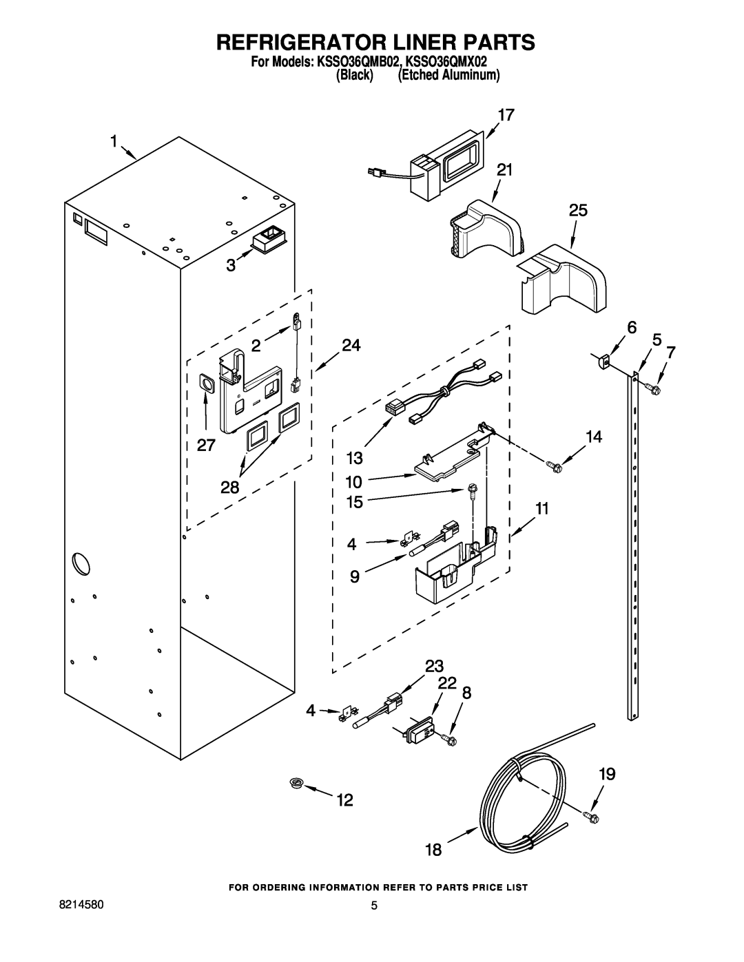 KitchenAid manual Refrigerator Liner Parts, For Models KSSO36QMB02, KSSO36QMX02, Black, Etched Aluminum 