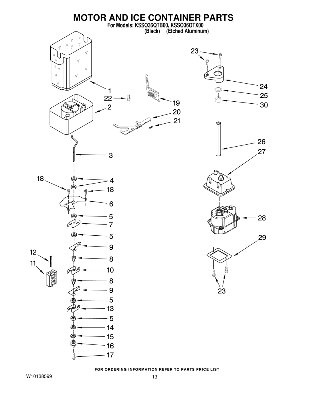 KitchenAid KSSO36QTB00, KSSO36QTX00 manual Motor and ICE Container Parts 