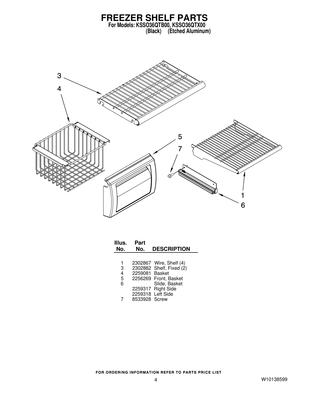 KitchenAid KSSO36QTX00, KSSO36QTB00 manual Freezer Shelf Parts 