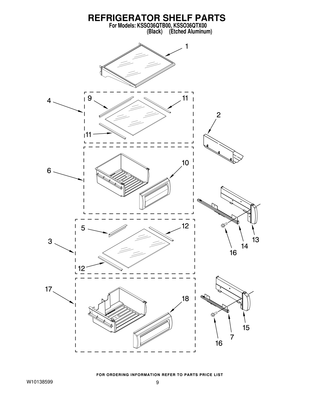 KitchenAid KSSO36QTB00, KSSO36QTX00 manual Refrigerator Shelf Parts 