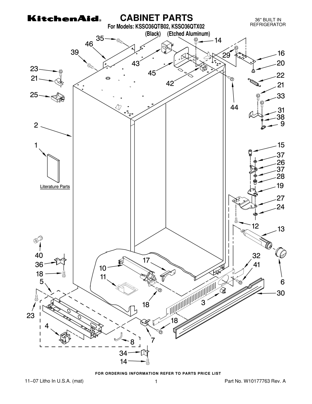 KitchenAid KSSO36QTB02, KSSO36QTX02 manual Cabinet Parts 