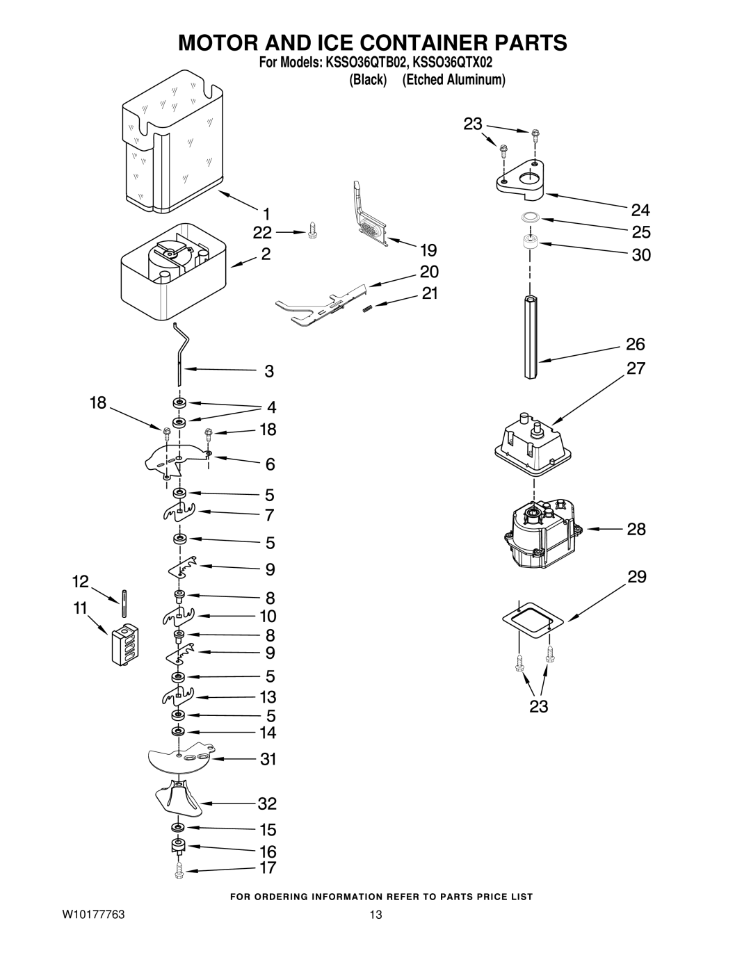 KitchenAid KSSO36QTB02, KSSO36QTX02 manual Motor and ICE Container Parts 
