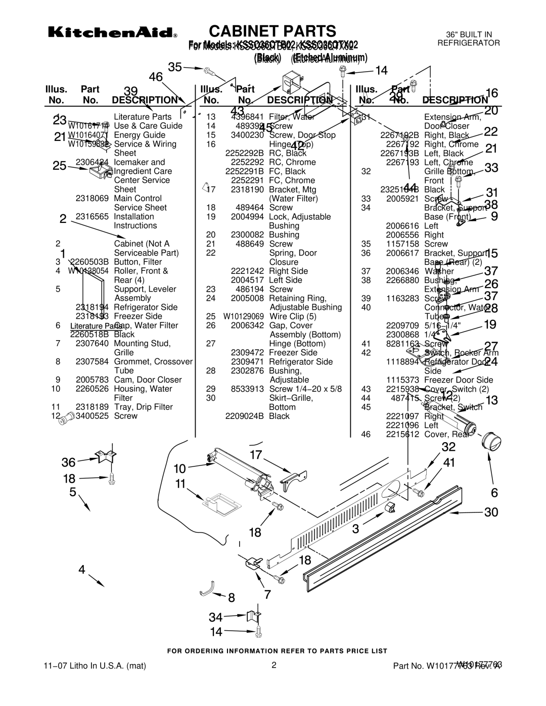 KitchenAid KSSO36QTX02, KSSO36QTB02 manual Illus. Part No. No. Description 