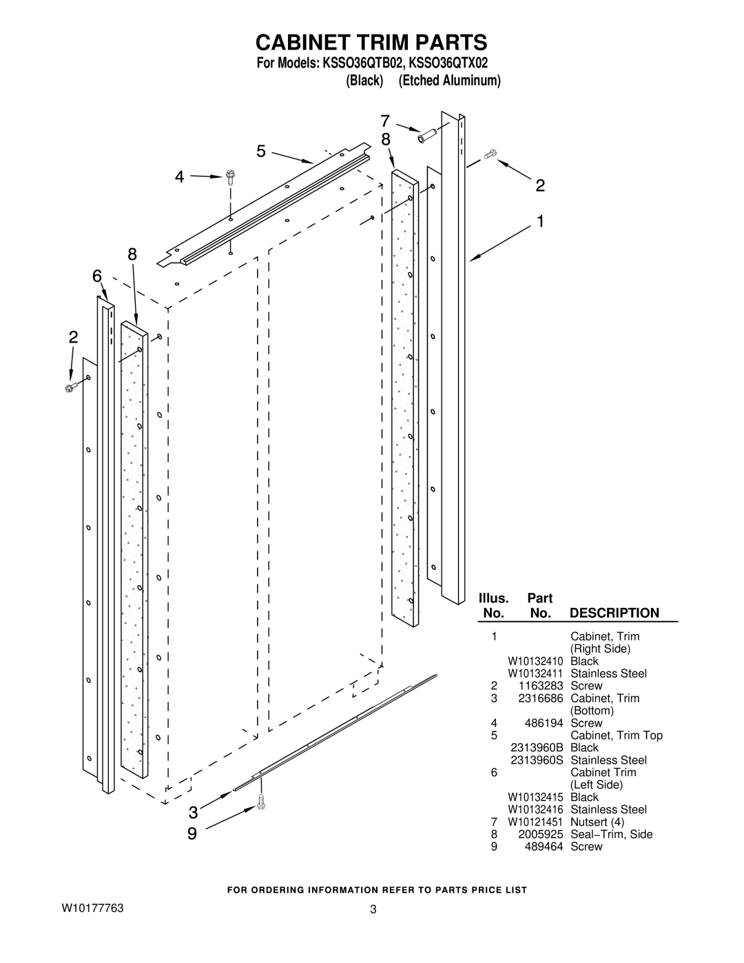 KitchenAid manual Cabinet Trim Parts, For Models KSSO36QTB02, KSSO36QTX02 Black Etched Aluminum 