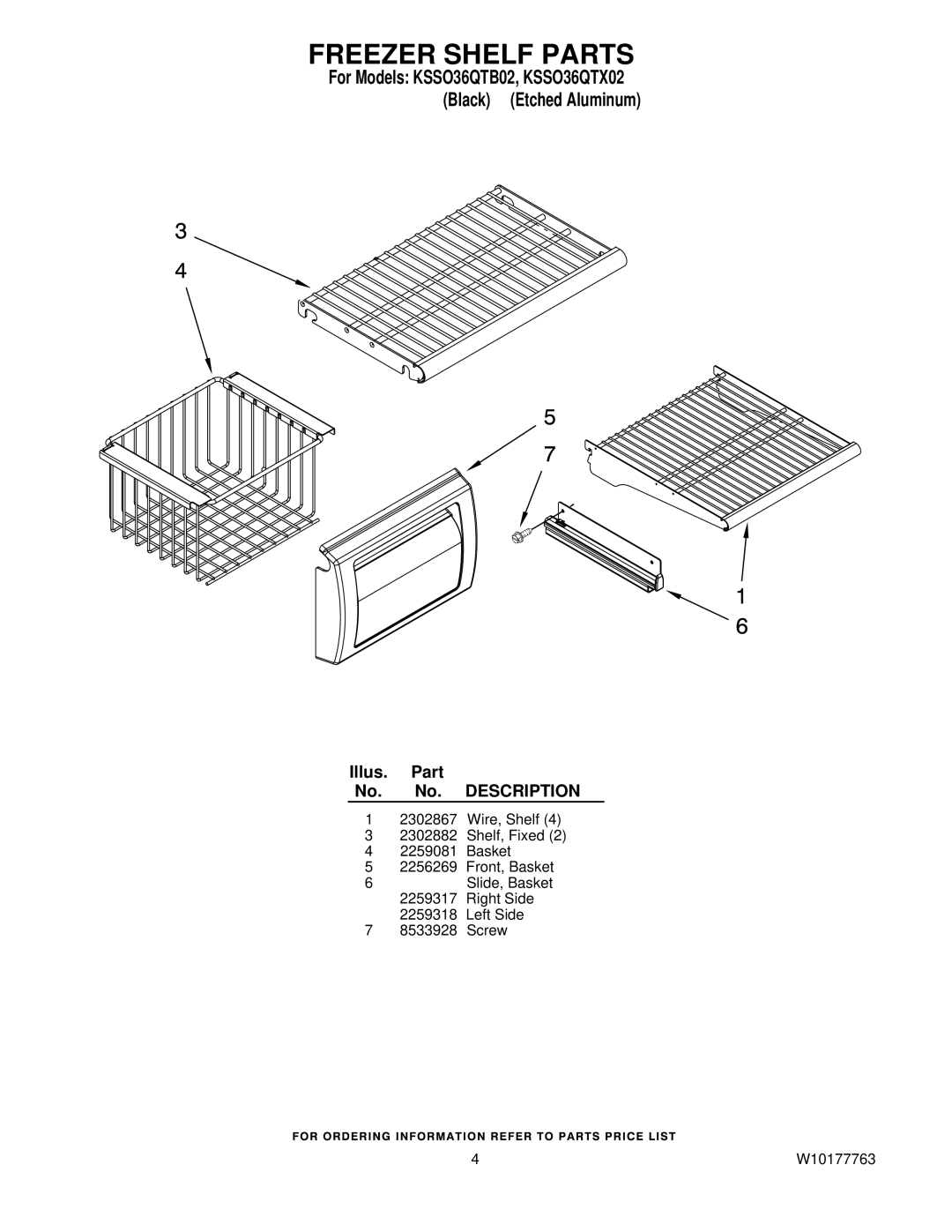 KitchenAid KSSO36QTX02, KSSO36QTB02 manual Freezer Shelf Parts 