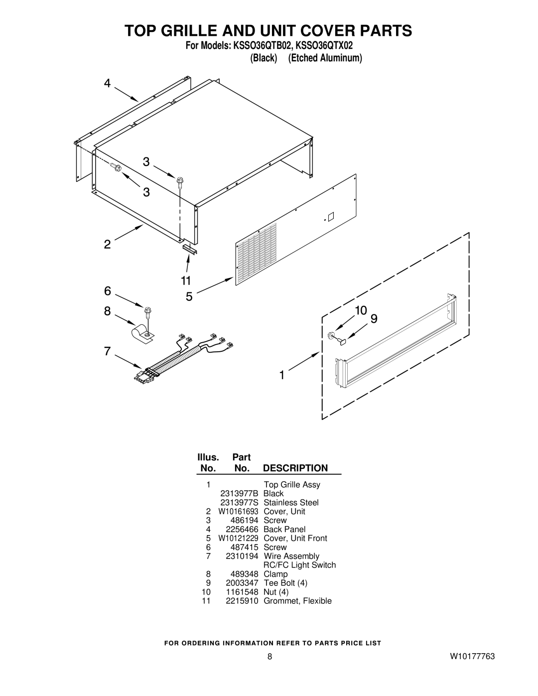 KitchenAid KSSO36QTX02, KSSO36QTB02 manual TOP Grille and Unit Cover Parts 