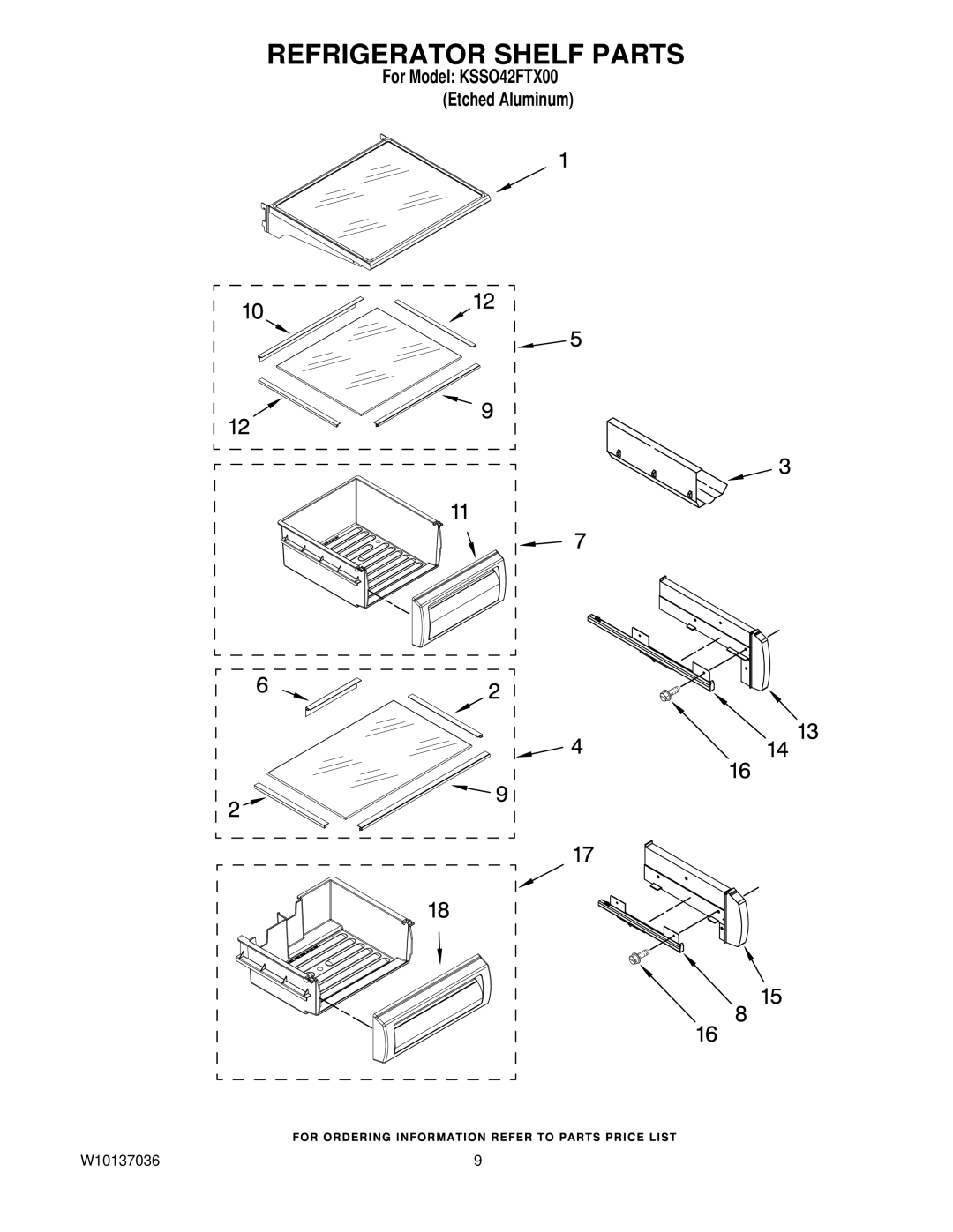 KitchenAid KSSO42FTX00 manual Refrigerator Shelf Parts 