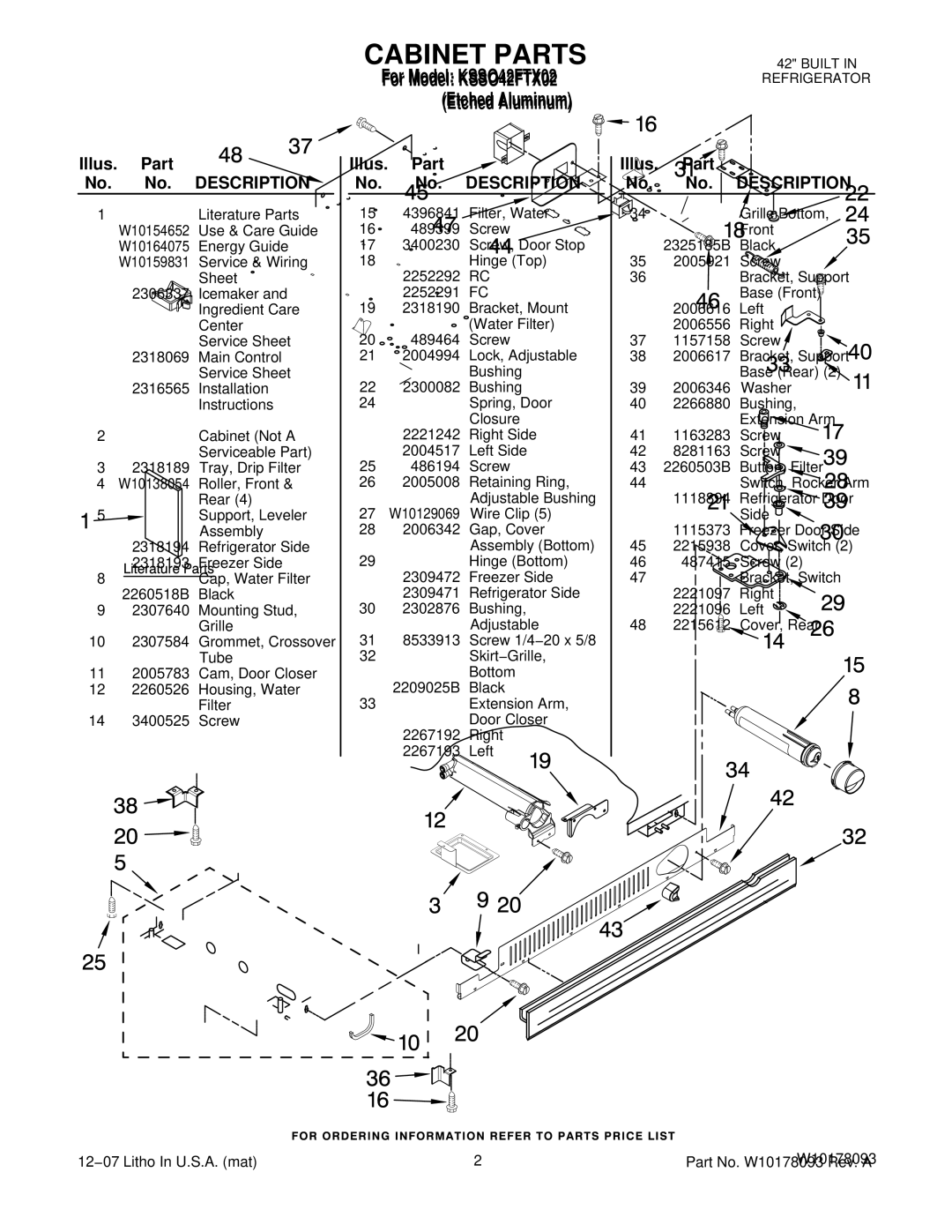 KitchenAid KSSO42FTX02 manual Illus. Part No. No. Description 