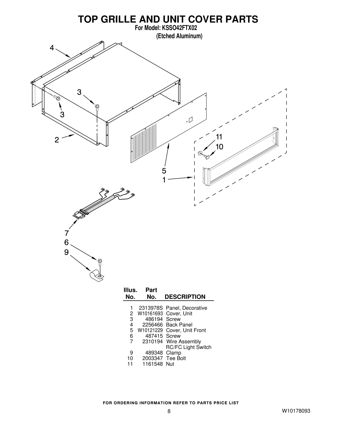 KitchenAid KSSO42FTX02 manual TOP Grille and Unit Cover Parts 