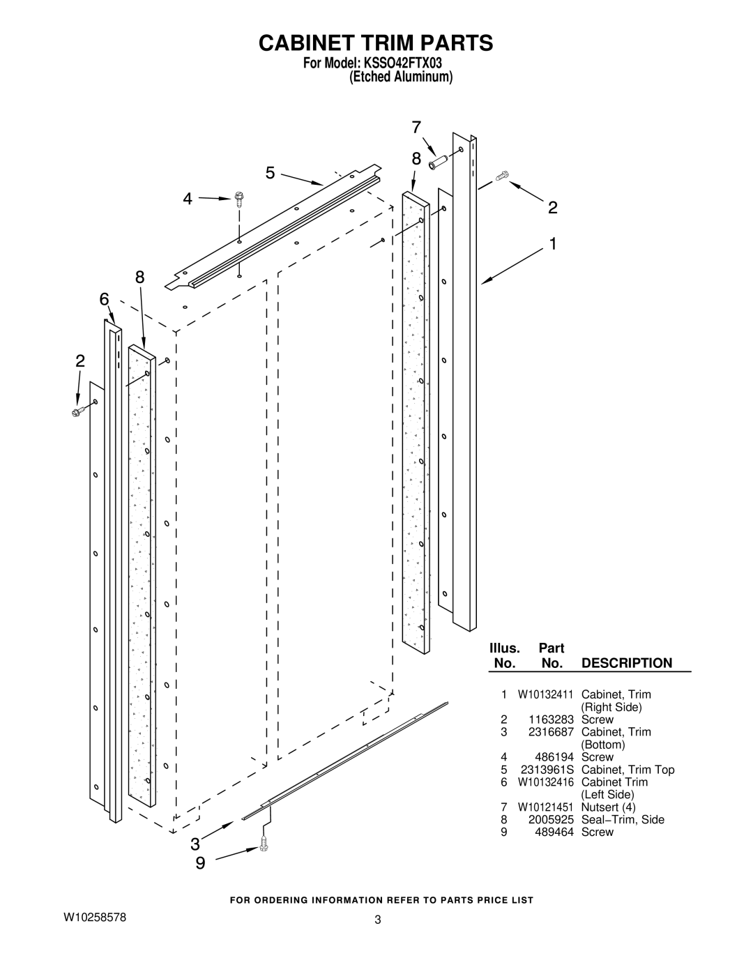 KitchenAid manual Cabinet Trim Parts, For Model KSSO42FTX03 Etched Aluminum 