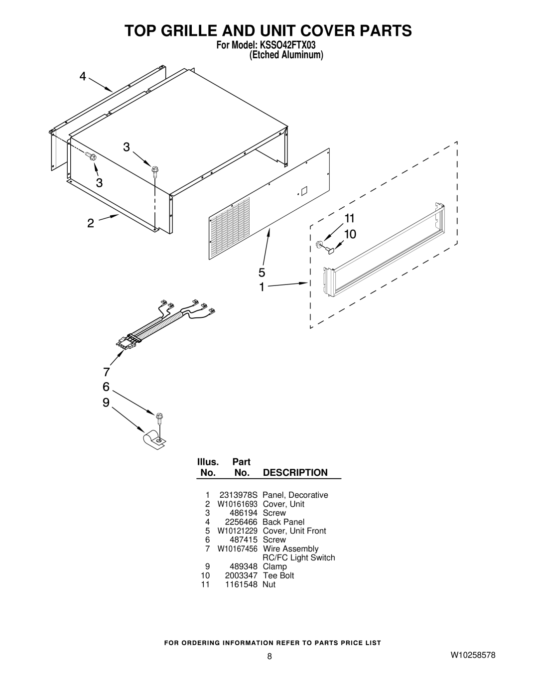 KitchenAid KSSO42FTX03 manual TOP Grille and Unit Cover Parts 