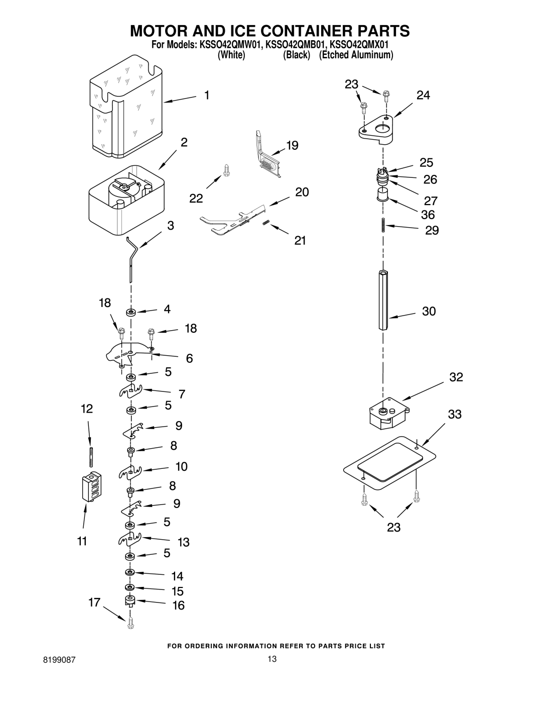 KitchenAid KSSO42QMB01, KSSO42QMX01, KSSO42QMW01 manual Motor and ICE Container Parts 