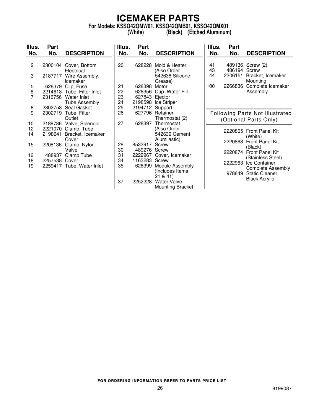 KitchenAid KSSO42QMW01, KSSO42QMX01, KSSO42QMB01 manual Icemaker Parts, Following Parts Not Illustrated Optional Parts Only 