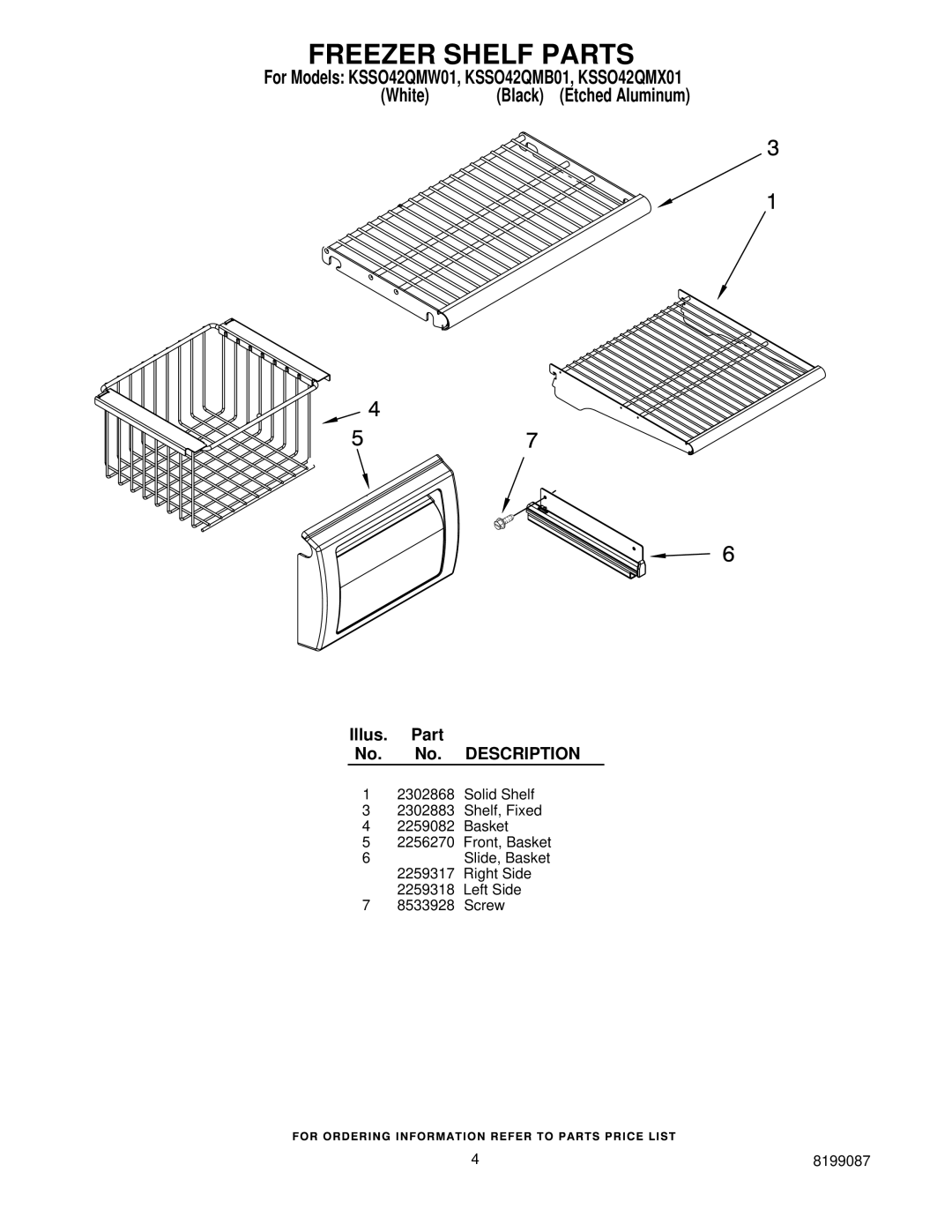 KitchenAid KSSO42QMB01, KSSO42QMX01, KSSO42QMW01 manual Freezer Shelf Parts 