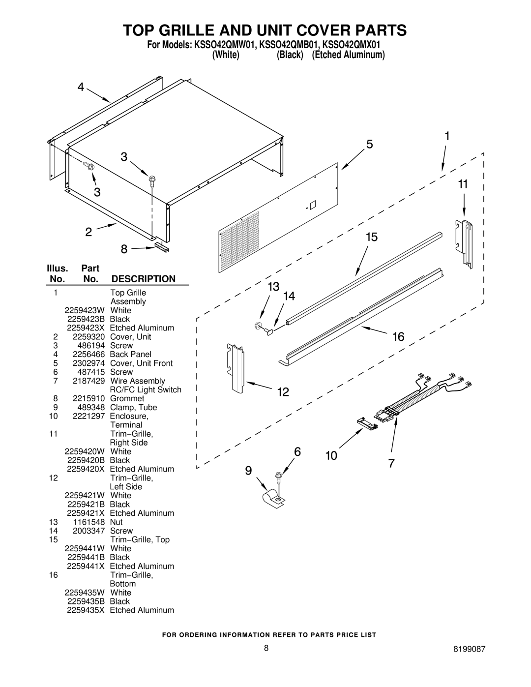 KitchenAid KSSO42QMW01, KSSO42QMX01, KSSO42QMB01 manual TOP Grille and Unit Cover Parts 