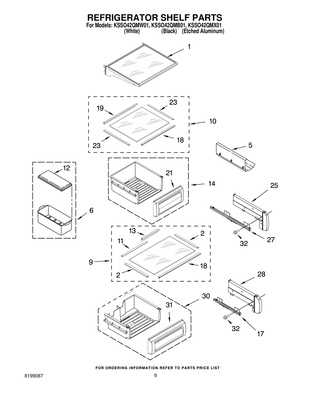 KitchenAid KSSO42QMX01, KSSO42QMB01, KSSO42QMW01 manual Refrigerator Shelf Parts 