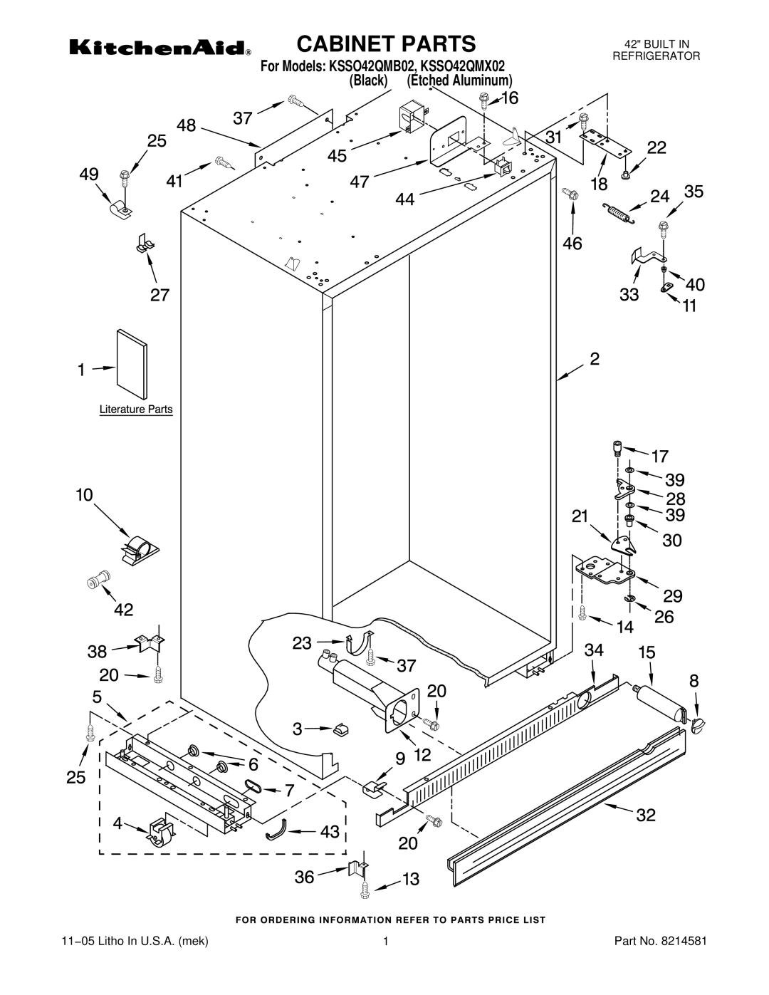 KitchenAid KSSO42QMB02, KSSO42QMX02 manual Cabinet Parts 