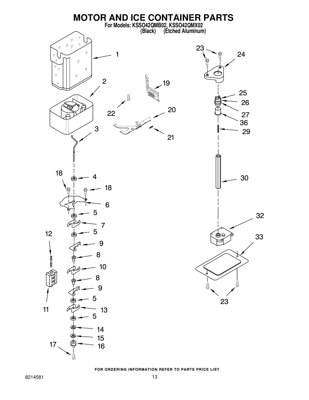 KitchenAid KSSO42QMB02, KSSO42QMX02 manual Motor and ICE Container Parts 