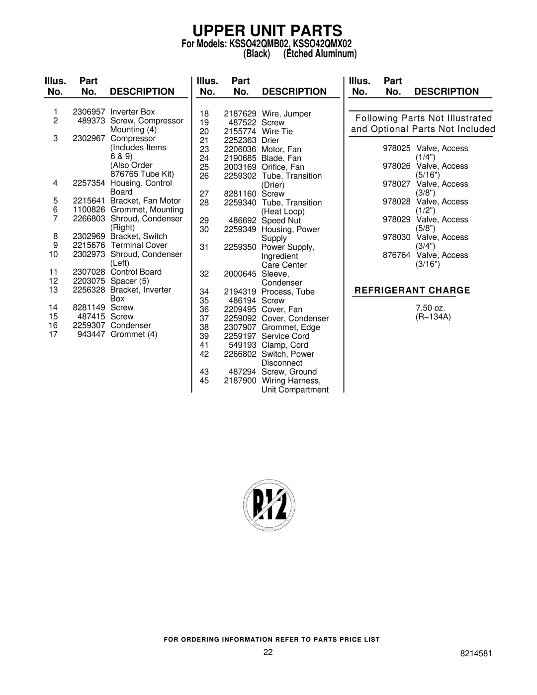 KitchenAid KSSO42QMX02, KSSO42QMB02 manual Upper Unit Parts 