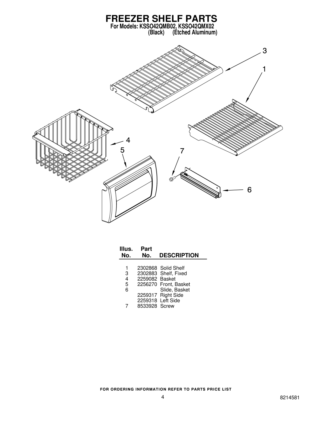 KitchenAid KSSO42QMX02, KSSO42QMB02 manual Freezer Shelf Parts 