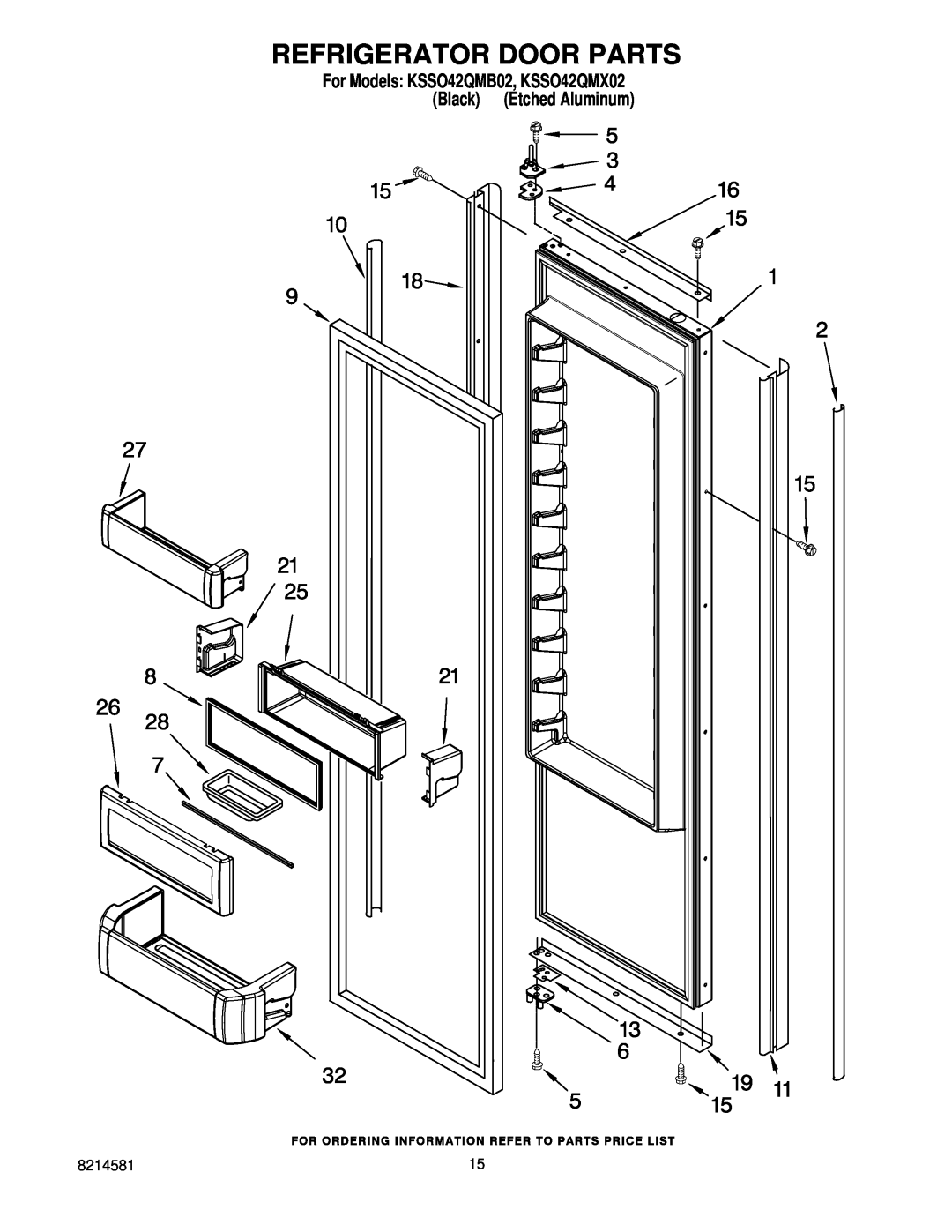 KitchenAid manual Refrigerator Door Parts, For Models KSSO42QMB02, KSSO42QMX02 Black Etched Aluminum 