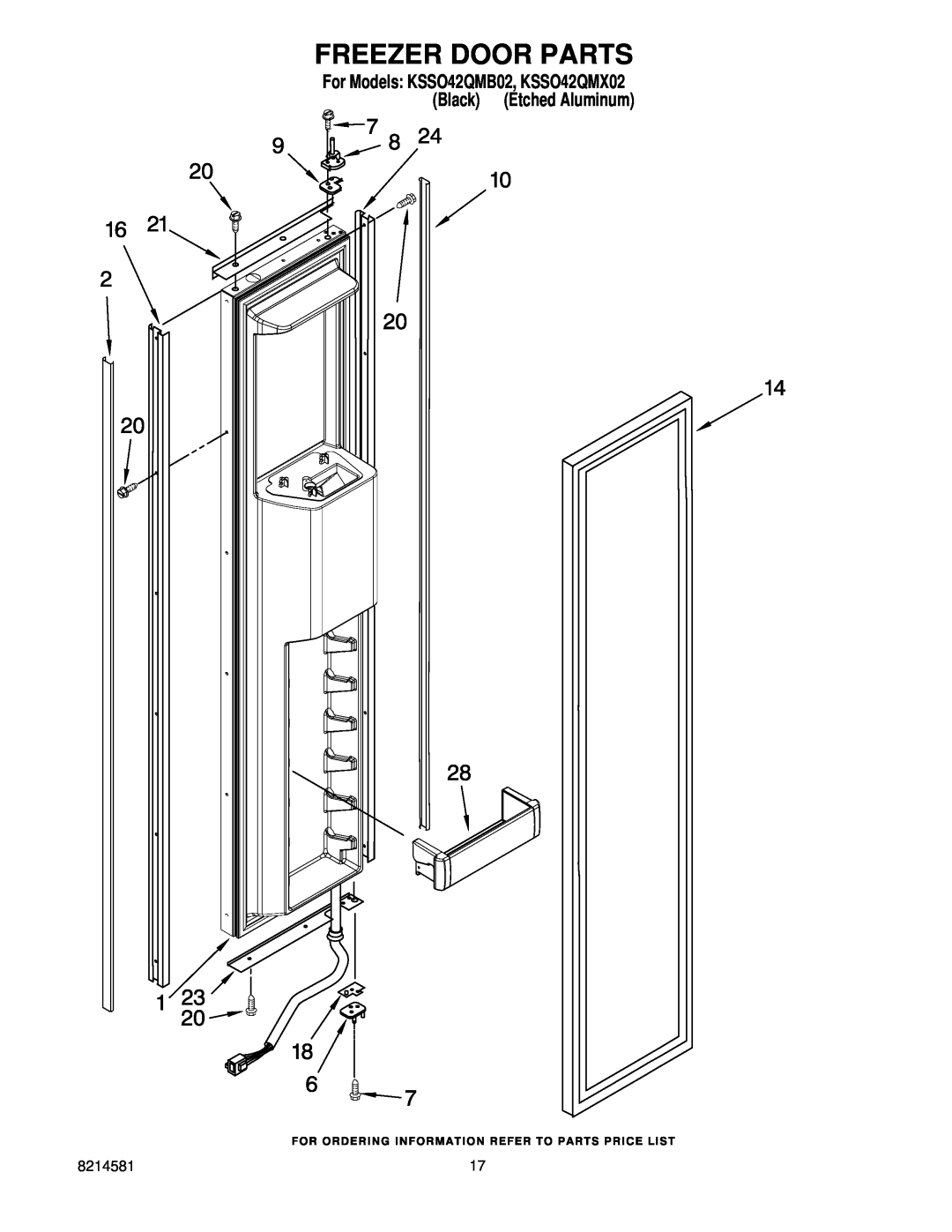 KitchenAid manual Freezer Door Parts, For Models KSSO42QMB02, KSSO42QMX02 Black Etched Aluminum 