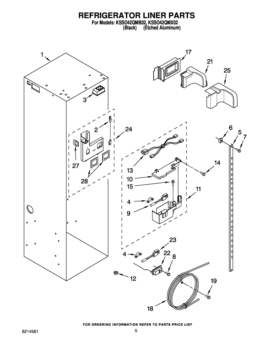 KitchenAid manual Refrigerator Liner Parts, For Models KSSO42QMB02, KSSO42QMX02 Black Etched Aluminum 