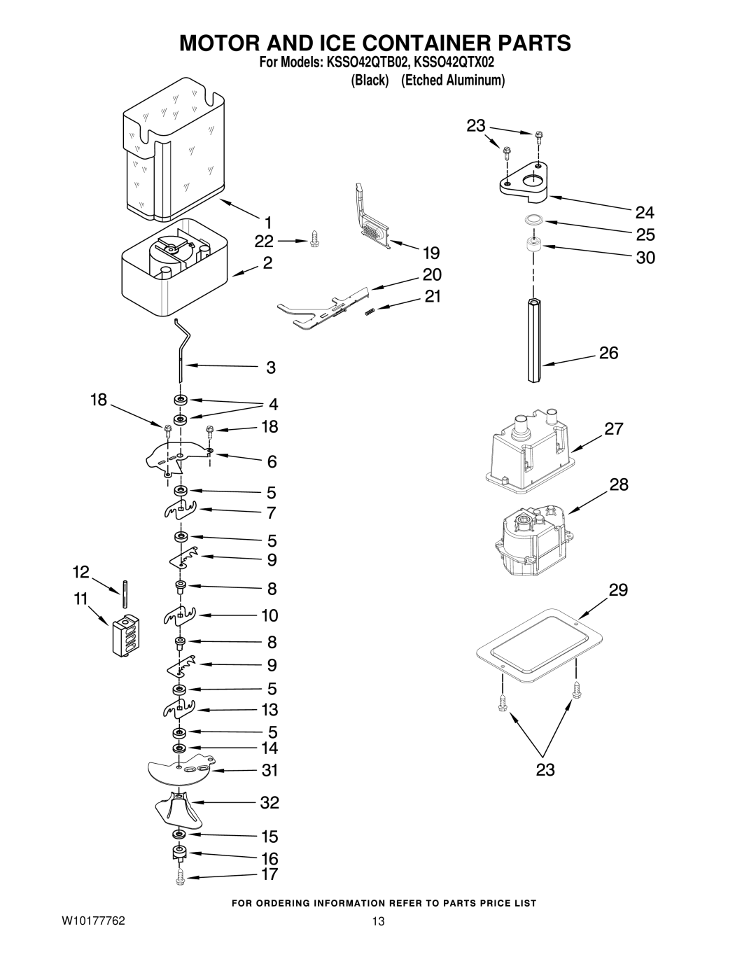 KitchenAid KSSO42QTX02, KSSO42QTB02 manual Motor and ICE Container Parts 