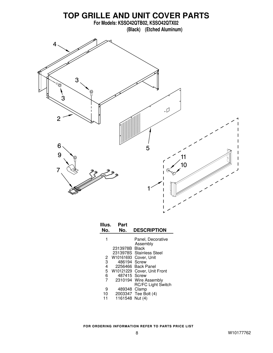 KitchenAid KSSO42QTB02, KSSO42QTX02 manual TOP Grille and Unit Cover Parts 