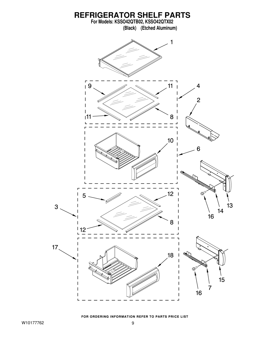 KitchenAid KSSO42QTX02, KSSO42QTB02 manual Refrigerator Shelf Parts 