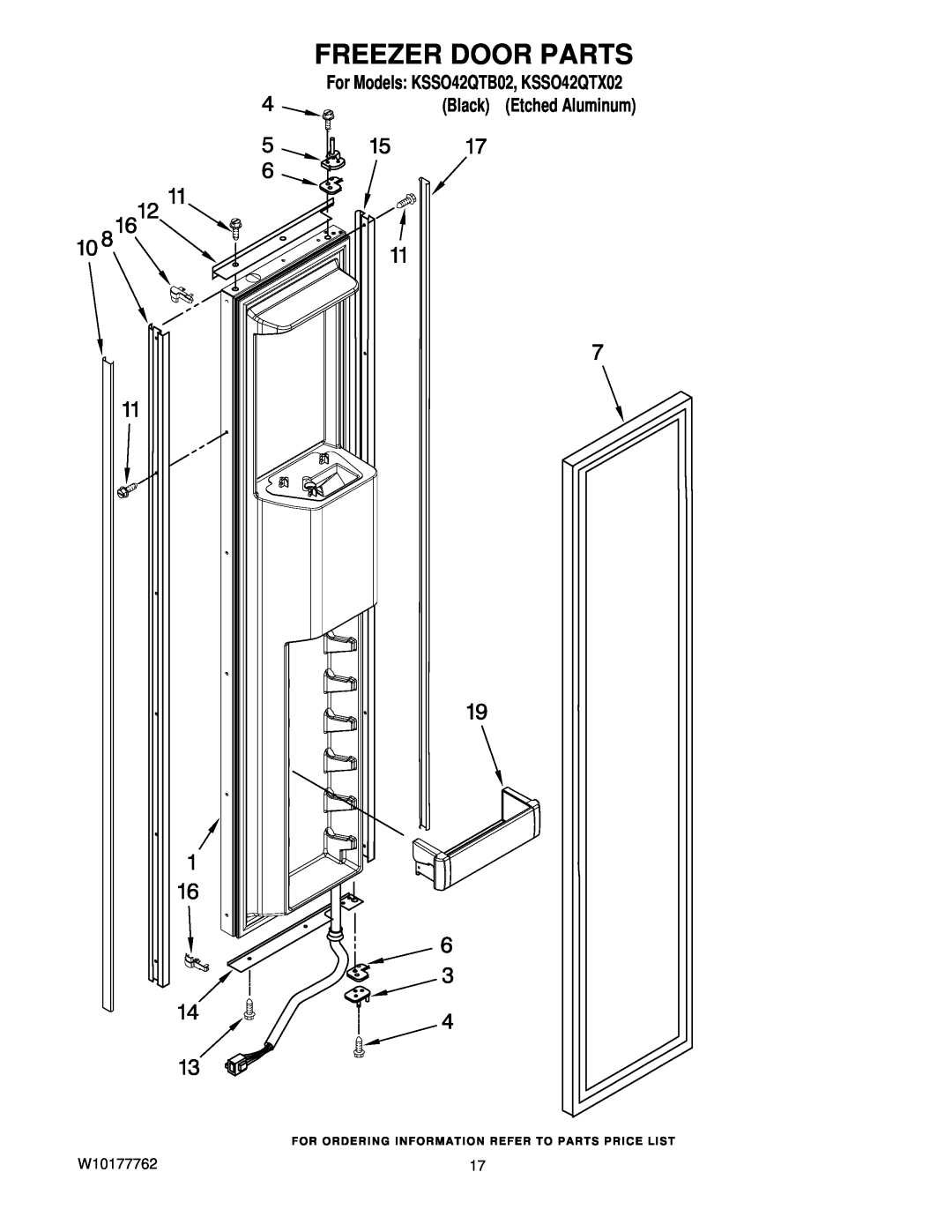 KitchenAid manual Freezer Door Parts, W10177762, For Models KSSO42QTB02, KSSO42QTX02 Black Etched Aluminum 