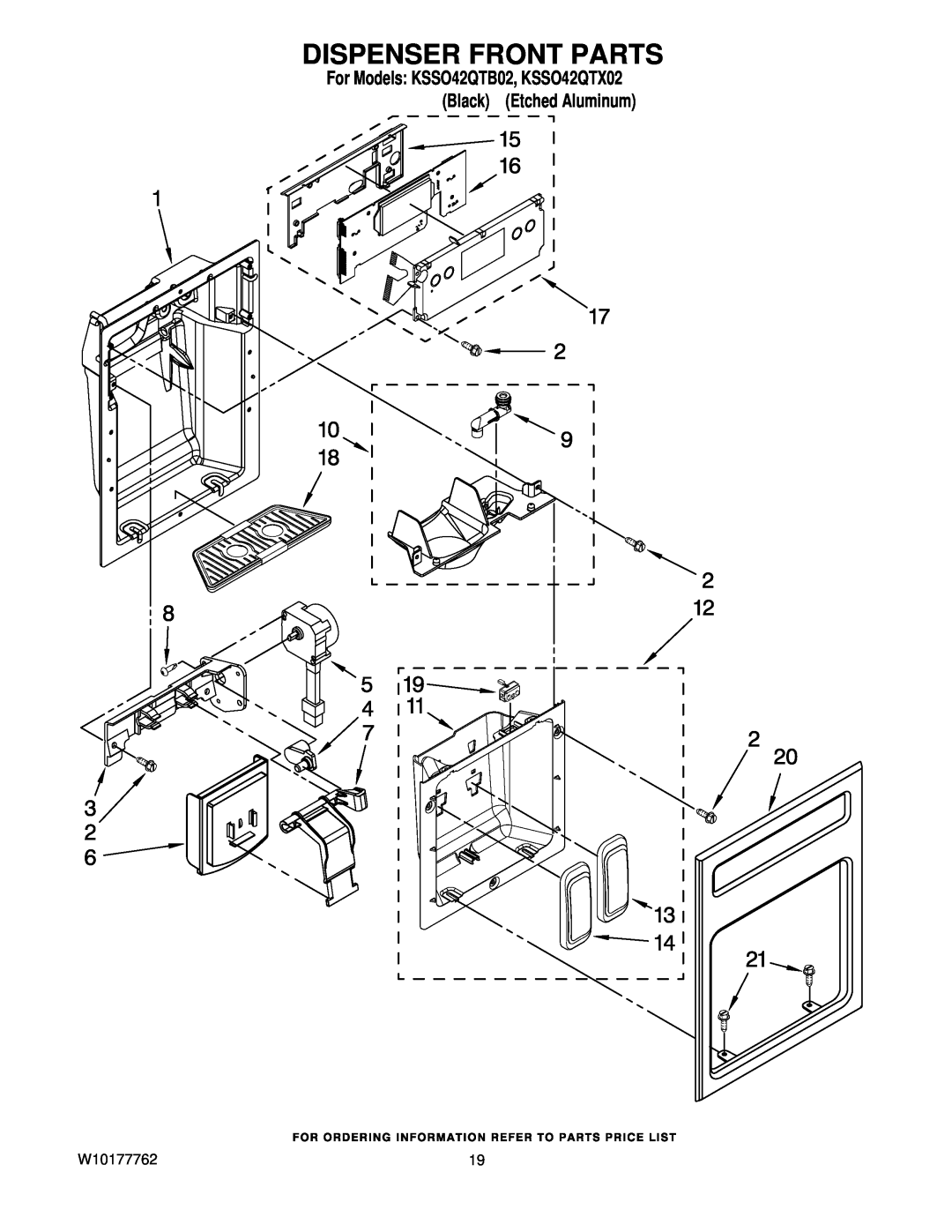 KitchenAid manual Dispenser Front Parts, W10177762, For Models KSSO42QTB02, KSSO42QTX02 Black Etched Aluminum 