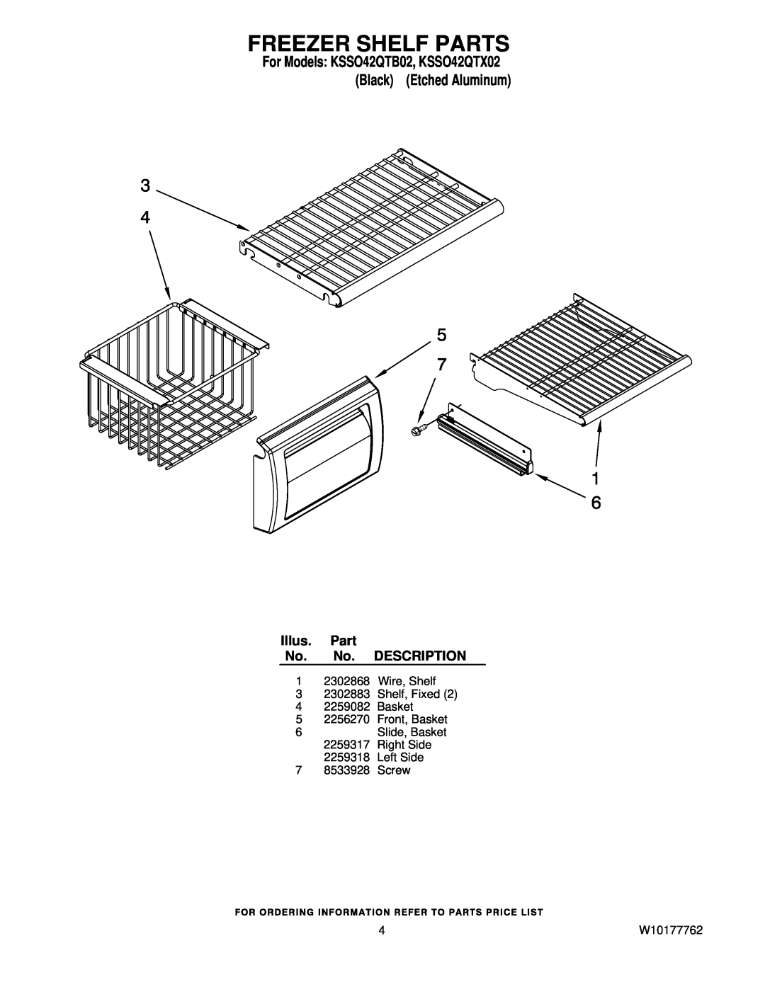 KitchenAid KSSO42QTB02 manual Freezer Shelf Parts, Illus. Part No. No. DESCRIPTION, Left Side 7 8533928 Screw, W10177762 