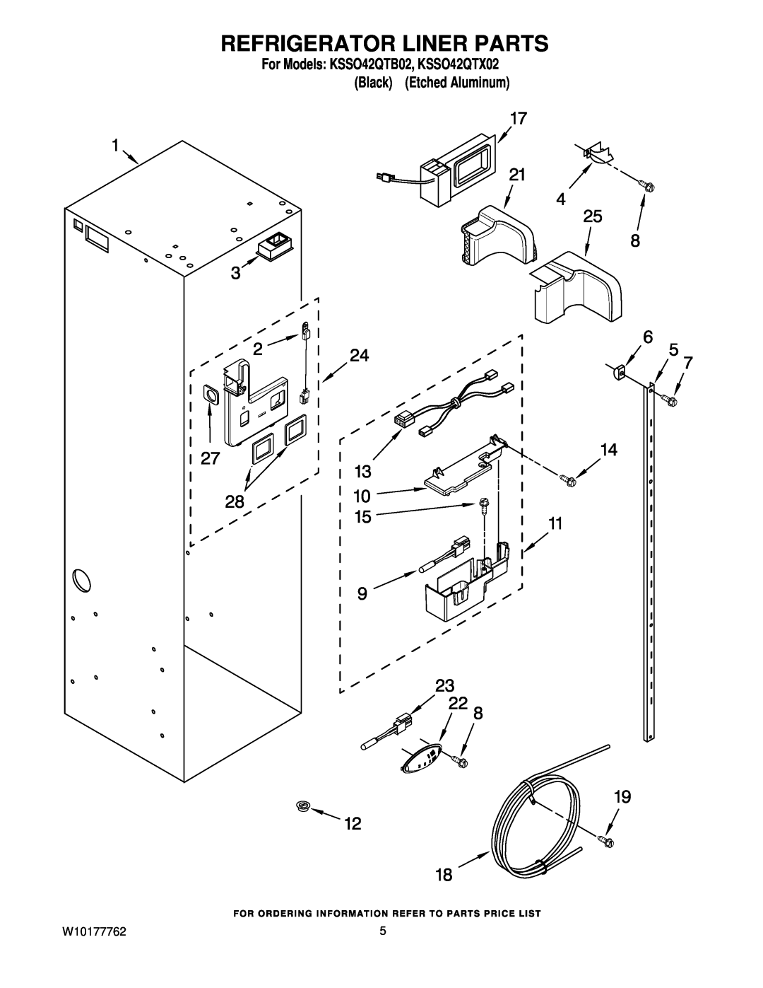 KitchenAid manual Refrigerator Liner Parts, W10177762, For Models KSSO42QTB02, KSSO42QTX02 Black Etched Aluminum 