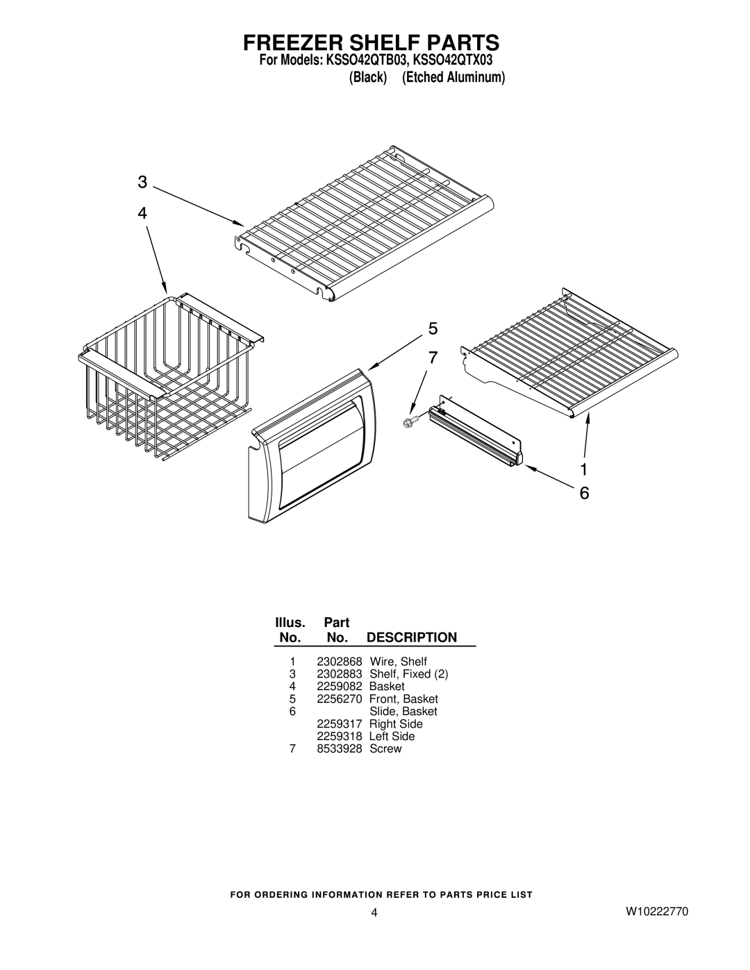 KitchenAid KSSO42QTX03, KSSO42QTB03 manual Freezer Shelf Parts 