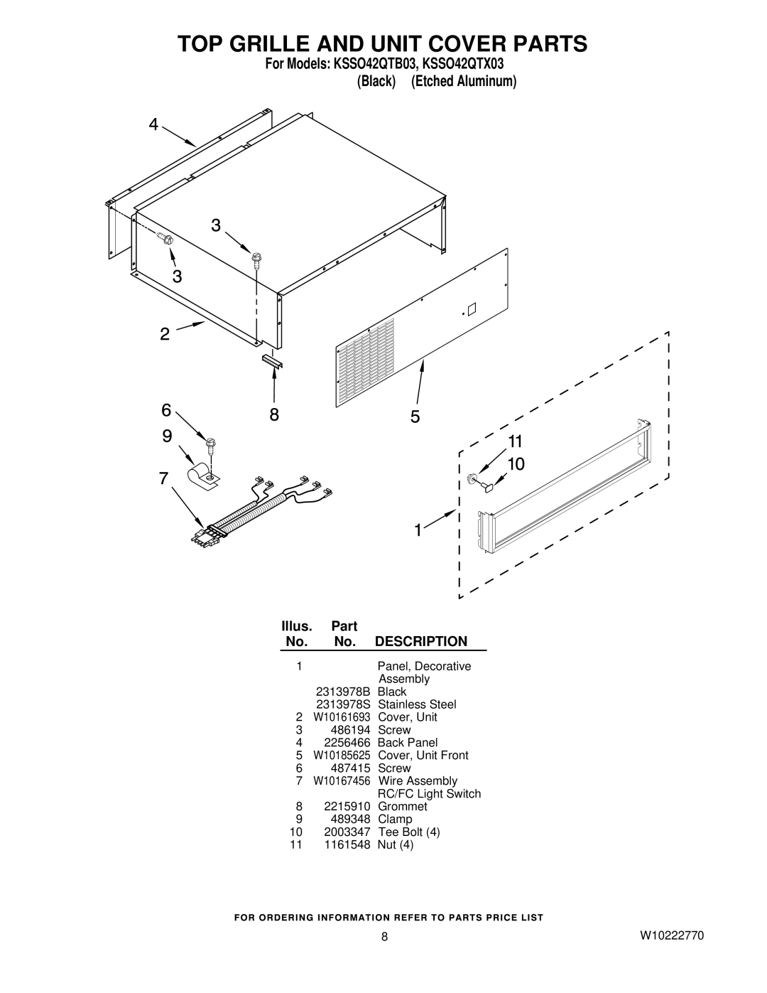 KitchenAid KSSO42QTX03, KSSO42QTB03 manual TOP Grille and Unit Cover Parts 