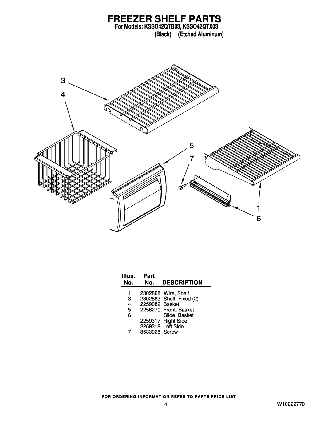 KitchenAid KSSO42QTX03 manual Freezer Shelf Parts, Illus. Part No. No. DESCRIPTION, Left Side 7 8533928 Screw, W10222770 
